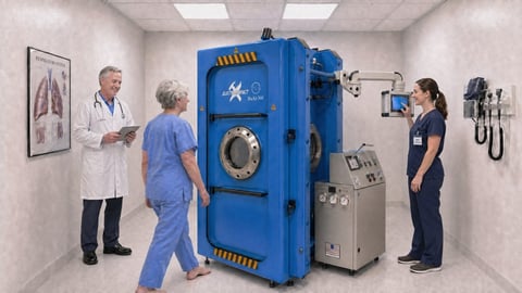 Medical professional and nurse with patient entering a blue hyperbaric oxygen chamber in a clinical treatment room