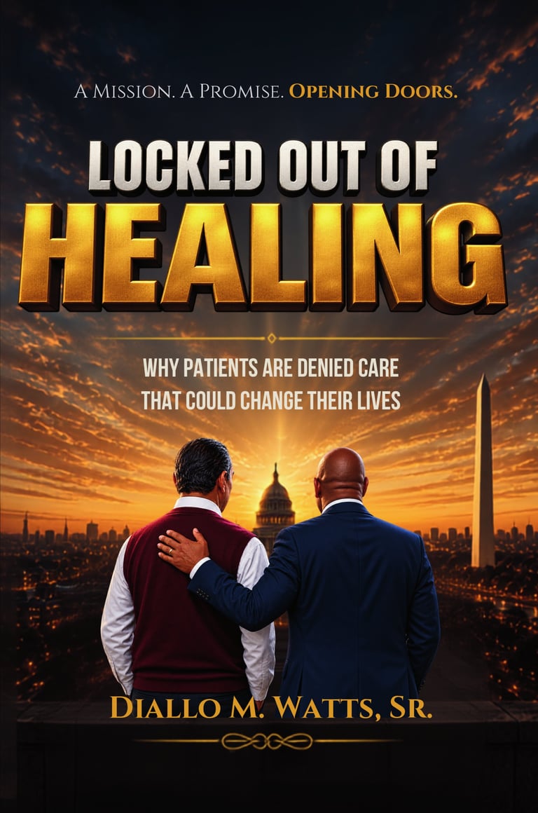 Book cover for Locked Out of Healing by Diallo M. Watts, Sr., showing two men facing a sunset over Washington DC with the Capitol building visible.