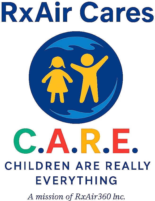 RxAir Cares logo with yellow child and adult figures in blue circle, C.A.R.E. acronym, and tagline Children Are Really Everything