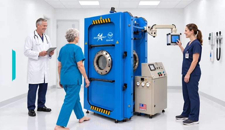 Medical professionals gathered around a large blue hyperbaric chamber in a clinical setting