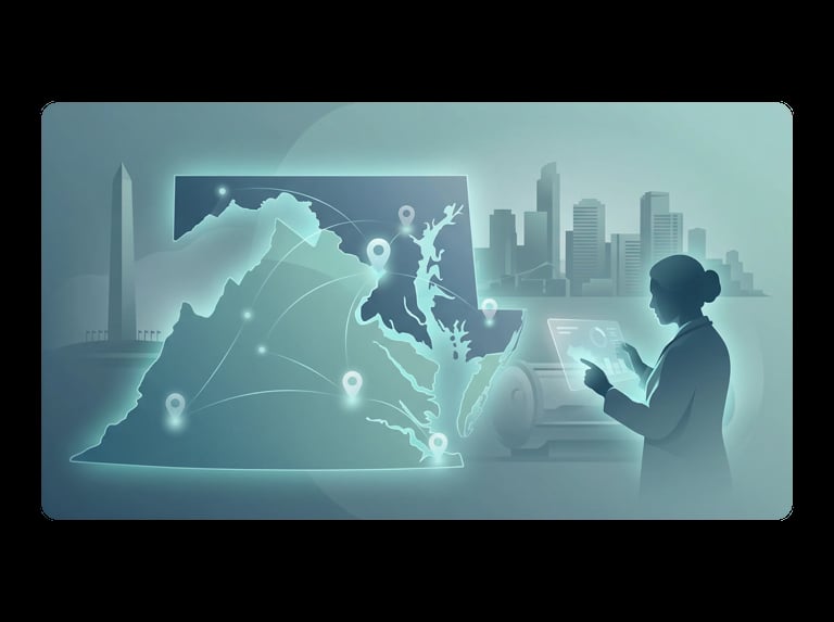 Woman analyzing digital map and network connections on tablet with city skyline in background